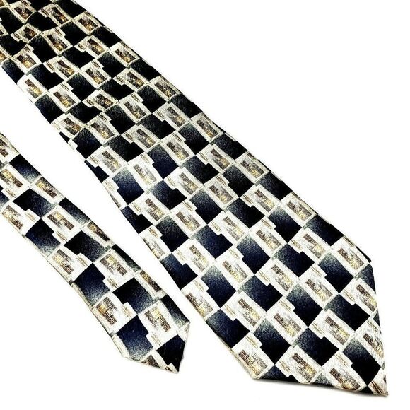 Pierre Cardin Silk Tie Print Gray Tan Geometric Wide - Picture 1 of 6